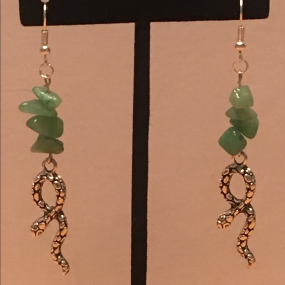 SOLD Green Aventurine Silver Snake Dangle Earrings - Picture 7 of 8